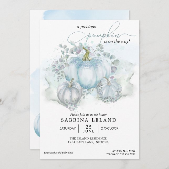 Blue Watercolor Little Pumpkin Boy Baby Shower Invitation (Front/Back)