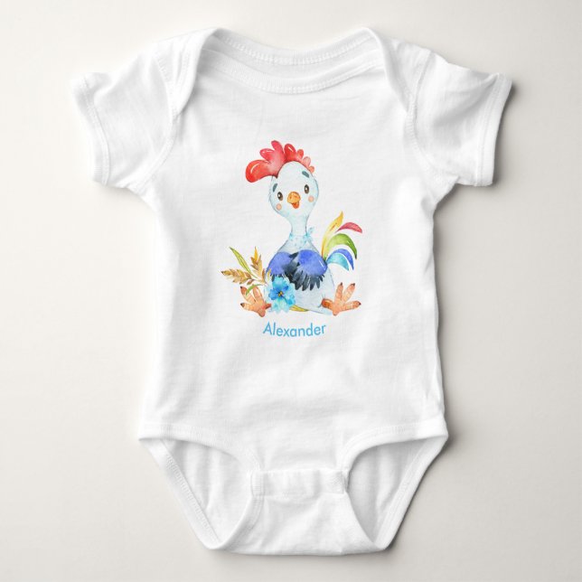Blue Watercolor Little Rooster Baby Bodysuit (Front)
