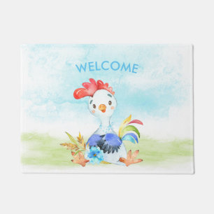 Blue Watercolor Little Rooster Doormat