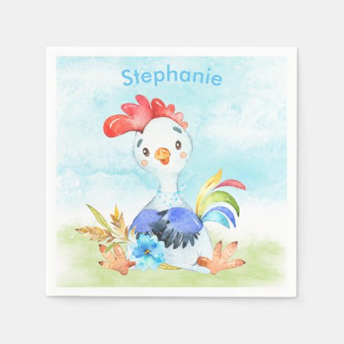 Blue Watercolor Little Rooster Napkins