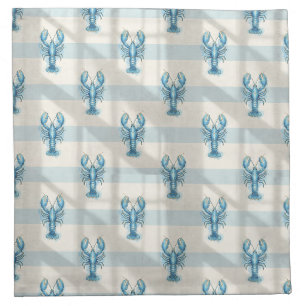 Blue Watercolor Lobster Pattern on Coastal Stripe Cloth Napkin