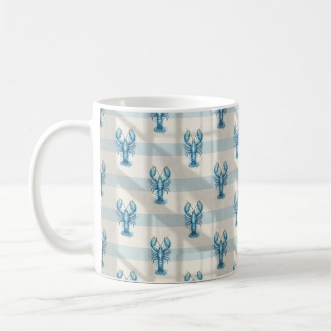 Blue Watercolor Lobster Pattern on Coastal Stripe Coffee Mug (Left)