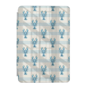 Blue Watercolor Lobster Pattern on Coastal Stripe iPad Mini Cover