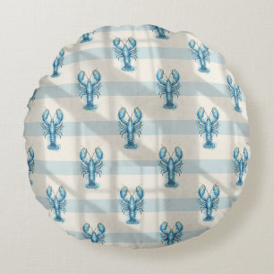Blue Watercolor Lobster Pattern on Coastal Stripe Round Pillow