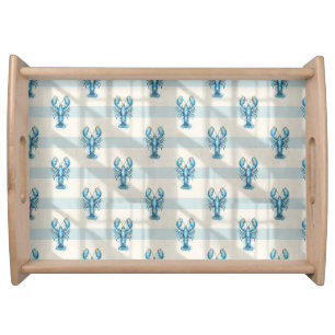 Blue Watercolor Lobster Pattern on Coastal Stripe Serving Tray