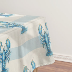 Blue Watercolor Lobster Pattern on Coastal Stripe Tablecloth