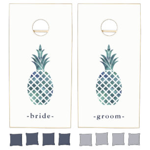 Blue Watercolor Look Pineapples on White   Wedding Cornhole Set
