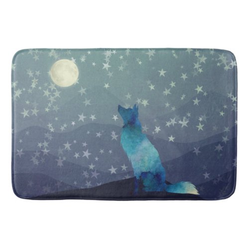 Blue Watercolor Look Wolf Staring at Moon Bath Mat