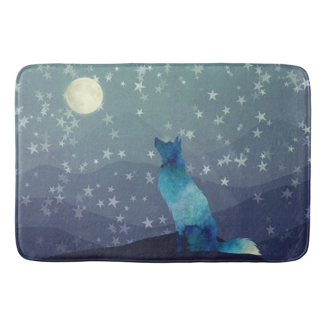 Blue Watercolor Look Wolf Staring at Moon Bath Mat (Front)