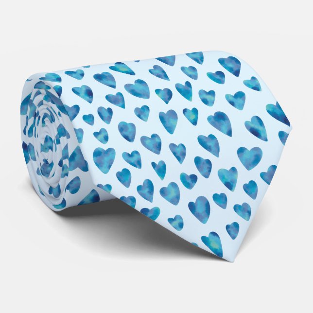 Blue Watercolor Love Heart Pattern Neck Tie (Rolled)