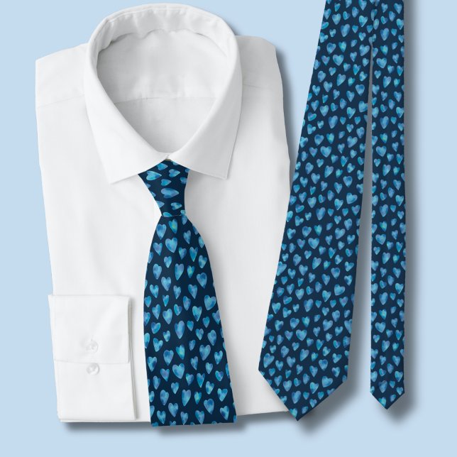 Blue Watercolor Love Heart Pattern Neck Tie (Blue  watercolor love heart navy blue tie )