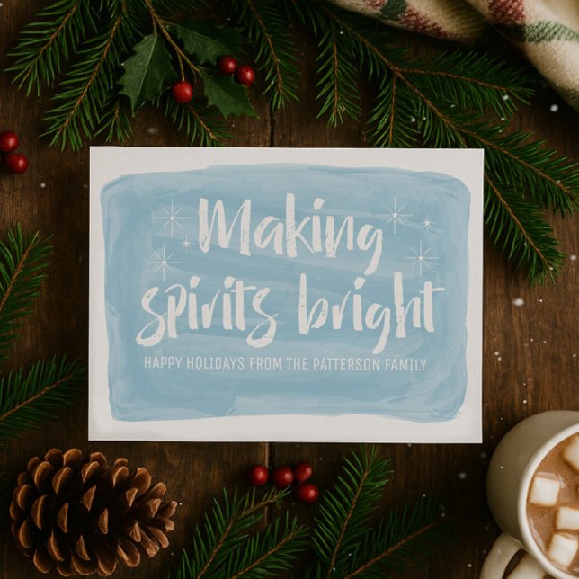 Blue Watercolor Making Spirits Bright Holiday Card (Blue Watercolor Making Spirits Bright Holiday Card)