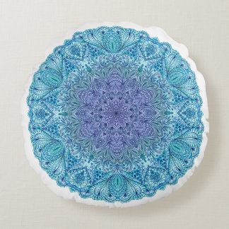 Blue Watercolor Mandala Round Pillow