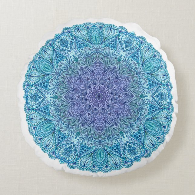 Blue Watercolor Mandala Round Pillow (Front)