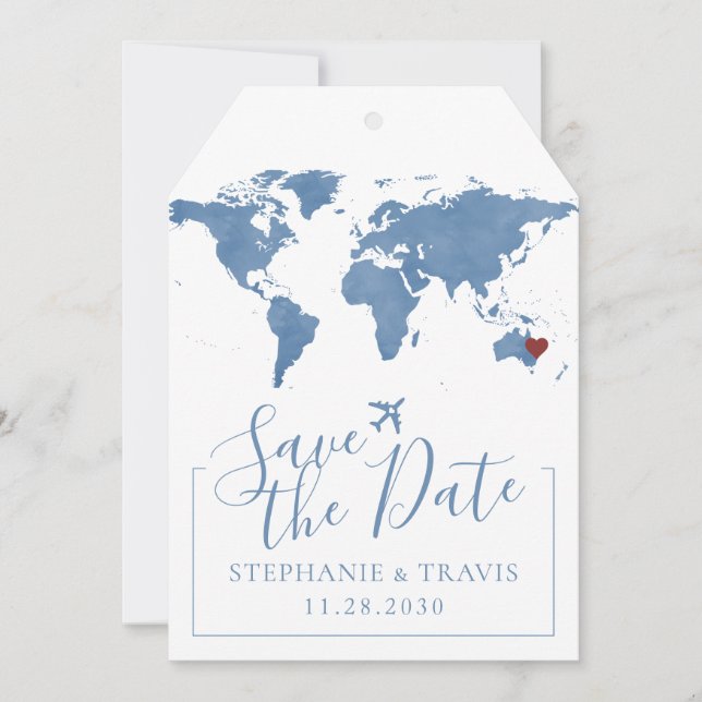 Blue Watercolor Map Save the Date Luggage Tag (Front)