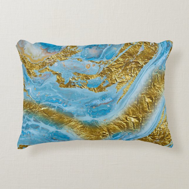 Blue Watercolor Marble & Gold Foil Accent Pillow (Front)