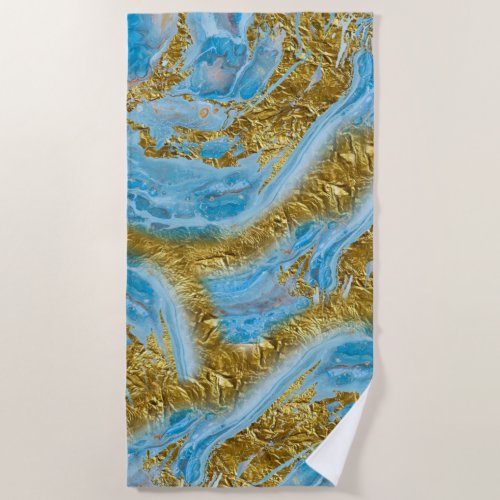 Blue Watercolor Marble  Gold Foil  Beach Towel