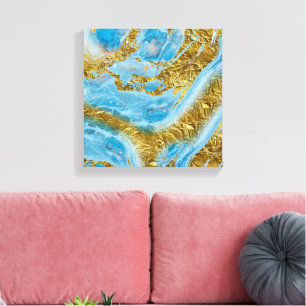 Blue Watercolor Marble & Gold Foil Canvas Print