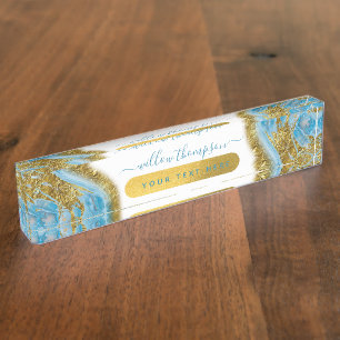 Blue Watercolor Marble & Gold Foil Desk Name Plate