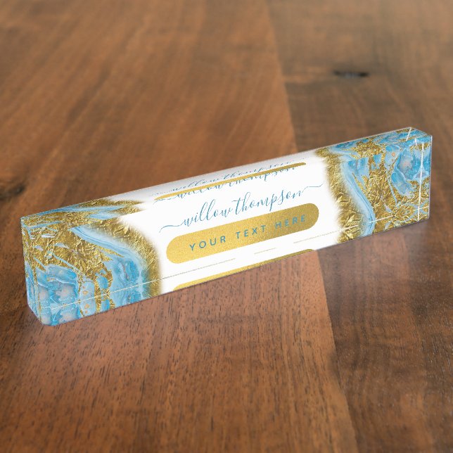 Blue Watercolor Marble & Gold Foil  Desk Name Plate (Side)