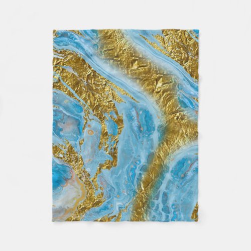 Blue Watercolor Marble  Gold Foil  Fleece Blanket