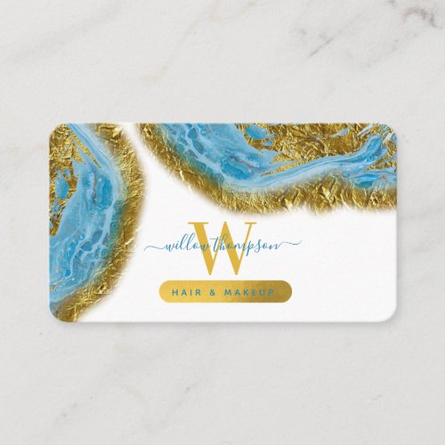Blue Watercolor Marble  Gold Foil Hair  Makeup Business Card