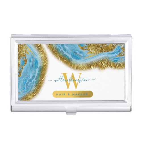 Blue Watercolor Marble  Gold Foil Hair  Makeup  Business Card Case