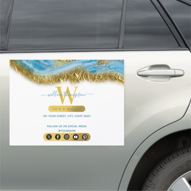Blue Watercolor Marble & Gold Foil Hair & Makeup  Car Magnet (In Situ)