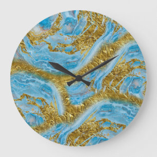 Blue Watercolor Marble & Gold Foil Large Clock