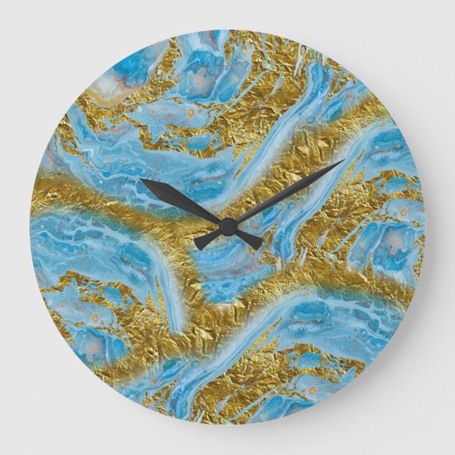 Blue Watercolor Marble & Gold Foil   Large Clock (Front)