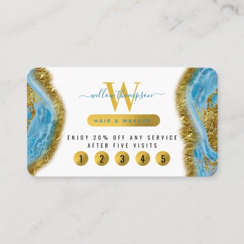 Blue Watercolor Marble  Gold Foil Loyalty Card