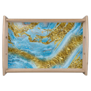 Blue Watercolor Marble & Gold Foil Serving Tray