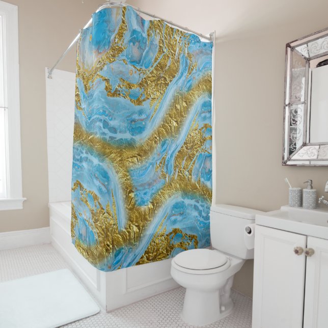 Blue Watercolor Marble & Gold Foil  Shower Curtain (In Situ)