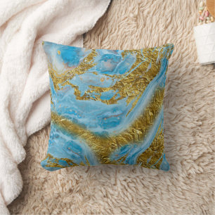 Blue Watercolor Marble & Gold Foil Throw Pillow