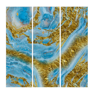 Blue Watercolor Marble & Gold Foil  Triptych