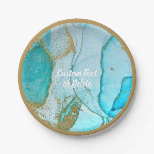 Blue Watercolor Marble Gold Glitter Personalized  Paper Plates