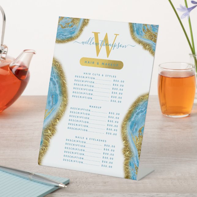 Blue Watercolor Marble & Gold Hair & Makeup Price  Pedestal Sign (In SItu)