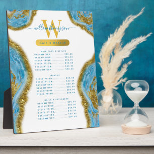 Blue Watercolor Marble & Gold Hair & Makeup Price Plaque