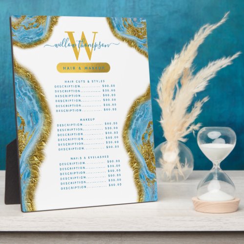 Blue Watercolor Marble  Gold Hair  Makeup Price  Plaque
