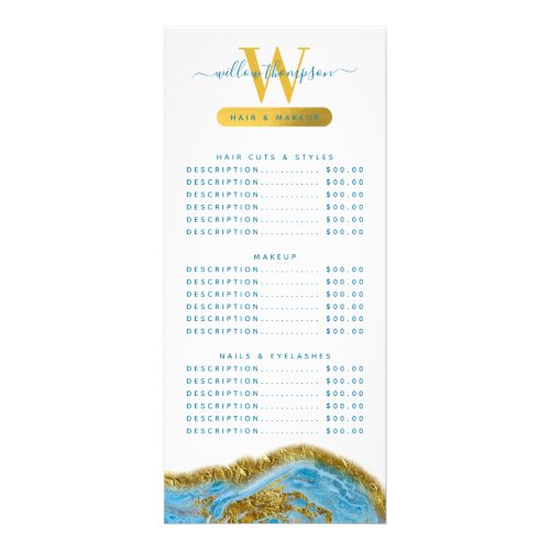 Blue Watercolor Marble  Gold Hair  Makeup Price  Rack Card