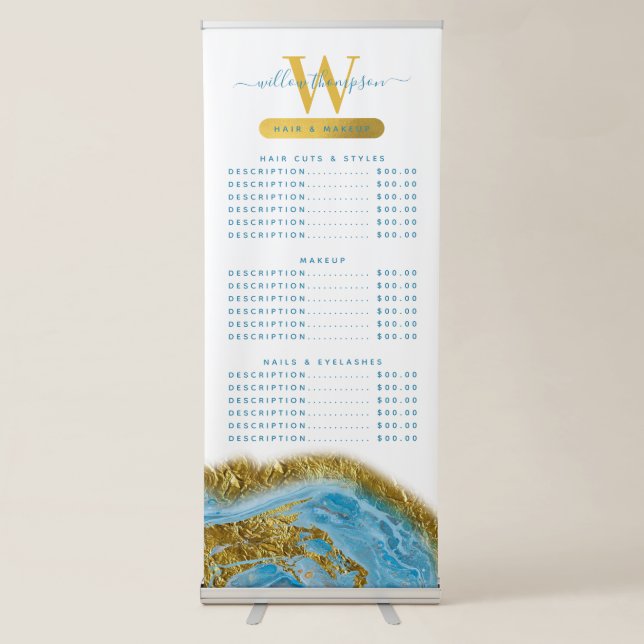 Blue Watercolor Marble & Gold Hair & Makeup Price  Retractable Banner (Front)