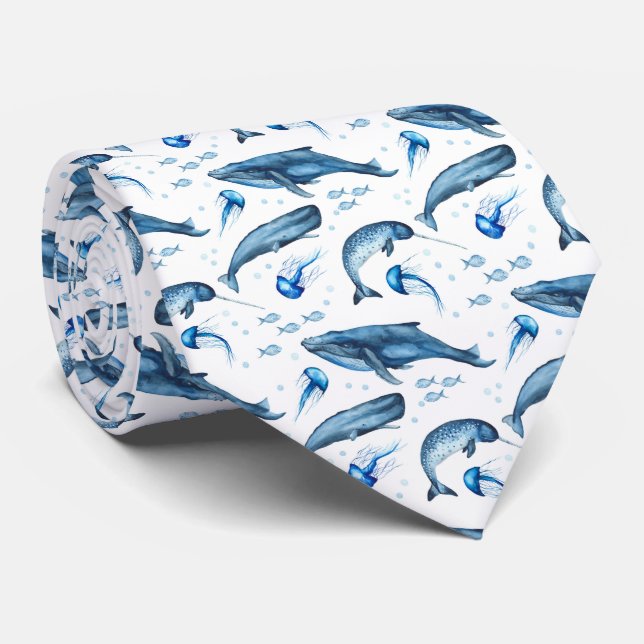 Blue Watercolor Marine Animals | Necktie (Rolled)