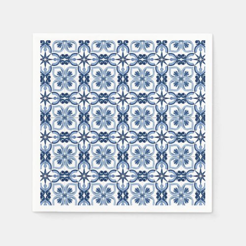 Blue Watercolor Mediterranean Tile Napkins