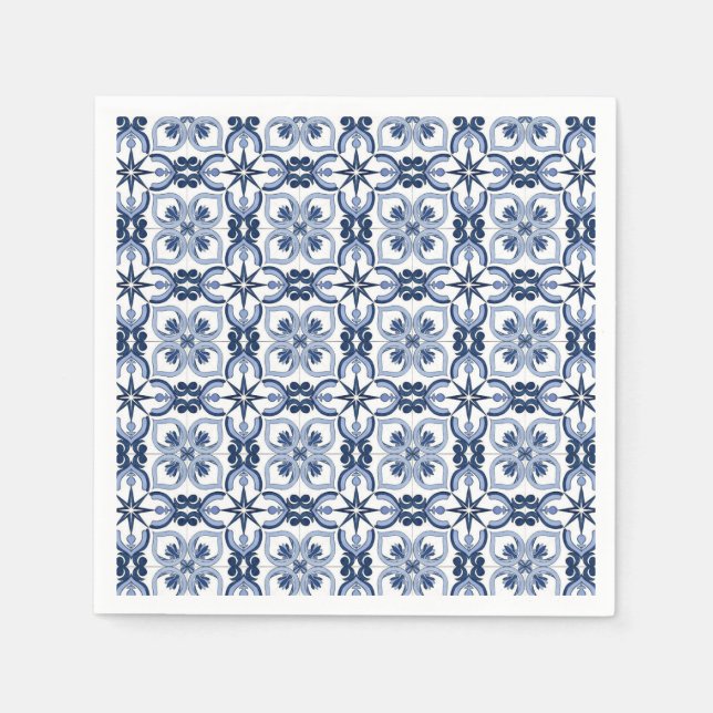 Blue Watercolor Mediterranean Tile Napkins (Front)