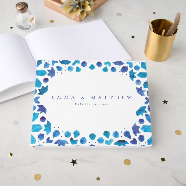 Blue Watercolor Mediterranean Tile Wedding Guest Book (Front Open)