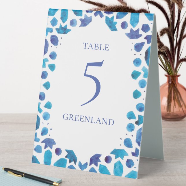 Blue Watercolor Mediterranean Tile Wedding Table Tent (In SItu (Table))