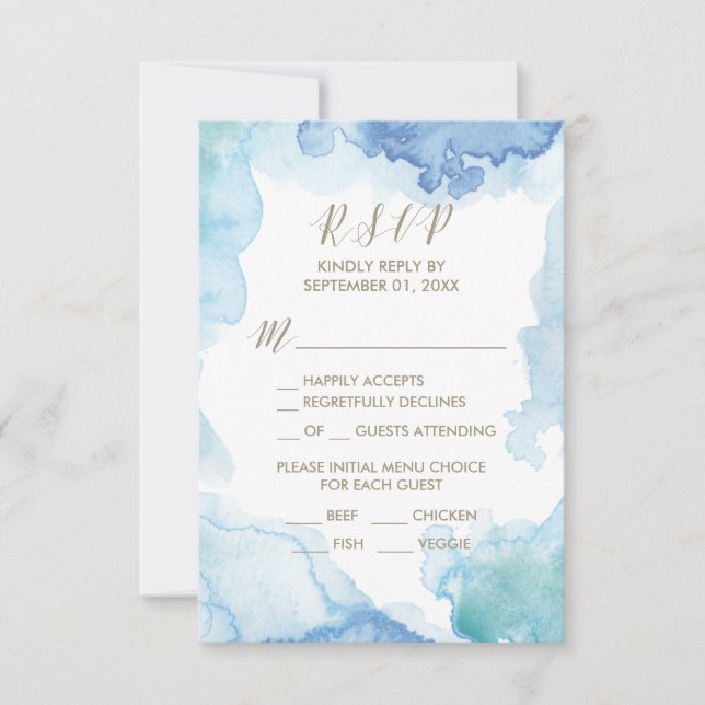 Blue Watercolor Menu Choice RSVP Card (Front)