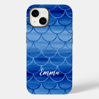 Blue Watercolor Mermaid Scale Pattern Custom Name Case-Mate iPhone 14 Case