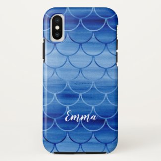 Blue Watercolor Mermaid Scale Pattern Custom Name iPhone XS Case