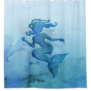 Blue Watercolor Mermaid Shower Curtain